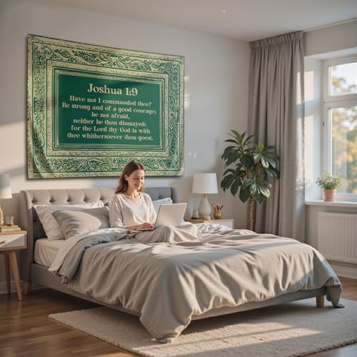 NIPINUS Christian Wall Tapestry with Bible Verses - Joshua1:9,Large tapestry wall hanging,Green Retro Motivational Flags Tapestry for Bedroom, Dorm, Living Room Decor Wall Art, 50×60 inches - color: Joshua1:9 green