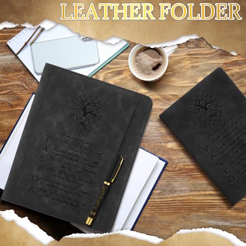 Fuyoooo 3 Pcs Black Pastor Leather Portfolio Bible Verse Notebook Pen Set - style: Black Pastor Style