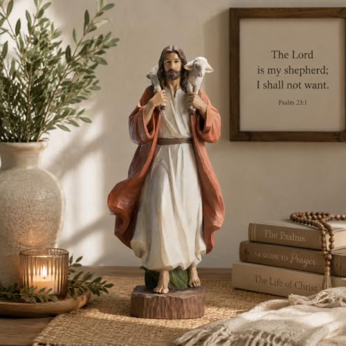 Good Shepherd Jesus Statue with Lamb, 12 Inch Woodcut Style Religious Christian Home Decor, Hand-Painted Resin Figurine for Prayer, Church, Pastor, Baptism and Religious Gifts, Red Robe - color: Red