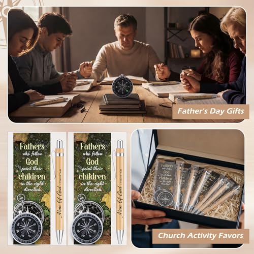Kenning 18 Sets Father's Day Church Gifts Bulk Christian Man of God Compass Gift for Men Bulk Keychain with Bookmark Ballpoint Pens Christian Religious Gifts Set for Dad Pastors Church Party Favors