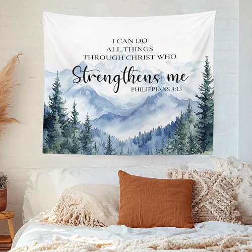 MNASAIOO Christian Mountian Woods Wall Tapestry Hanging for Bedroom, Bible Verse Scripture I can Do All Things through Christ Tapestries, Watercolor Wall Decor for Living Prayer Room Church 50x60in - color: strengthens blue