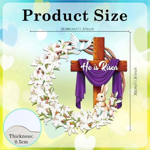He is Risen Easter Wooden Wreaths, 12 Inch Bunny Eggs Cross Wood Wreath Decorations, Easter Jesus Lily Front Door Wall Hanging Signs for Spring Holiday Festival Indoor Outdoor Farmhouse Home Decor
