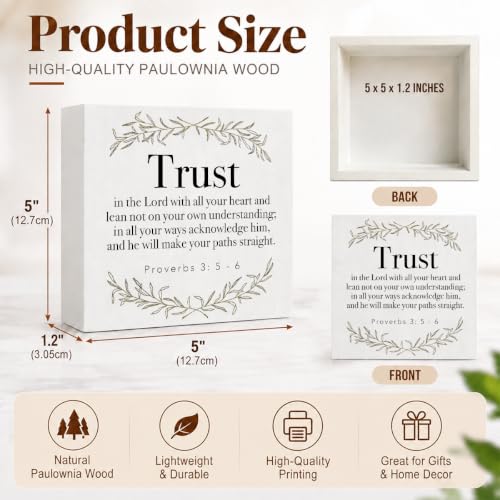 Bible Verse Decorative Signs Plaques Wooden Box Sign Desk Decor, Inspirational Religious Scripture Rustic Wood Block Plaque Box Sign Positive Christian Home Office Decor for Living Room Table Shelf - color: Trust