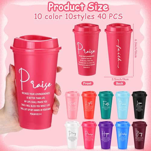 LemonRoad 40 Pcs Christian Gifts for Women Men 16 oz Christian Plastic Coffee Cups with Lids Double Sided Scripture Bible Verse Religious Tumblers Mugs for Church Appreciation Gifts(Bright Color) - color: Bright Color