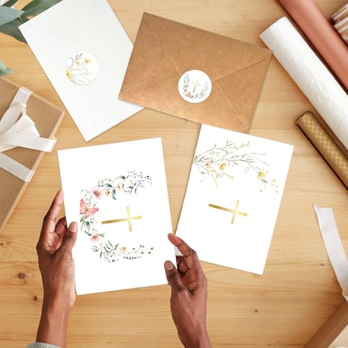 24 Pack Religious Blank Cards with Envelopes & Stickers, 4 x 6 in Watercolor Gold Foil Cross Cards Blank Inside for Baptism, First Communion, Confirmations, Wedding, Baby Shower(12 Designs)