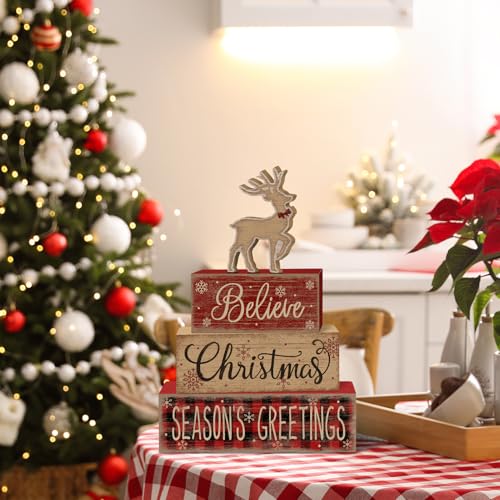 Britimes Tiered Tray Decor Set, 4 Pack, Wooden, Farmhouse Rustic Reindeer - style: Reindeer