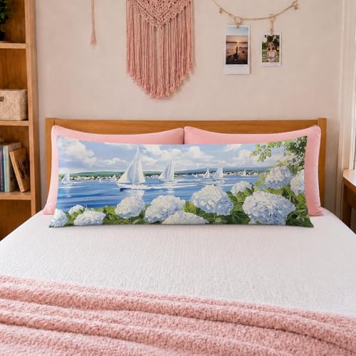 Nautical Sailboat Blue Hydrangea Floral 20x54 Body Pillow Cover, Coastal Grandma Decor, Beach Sailboat Hydrangea Decorative Long Body Pillow Cases for Girls Dorm Room Apartment Bed Couch - color: Nature-12