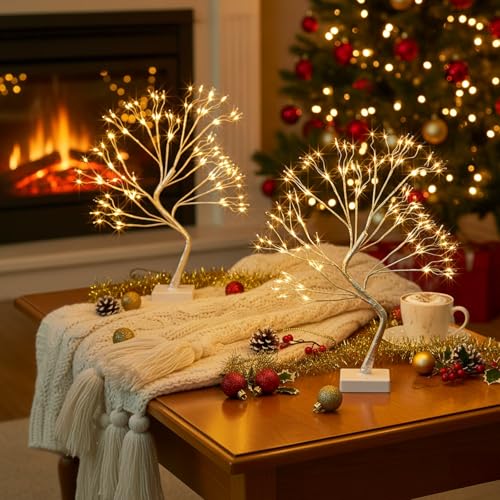 EAMBRITE Fairy Light Tree, 108 Led Light up Trees Decor Indoor, 8 Modes Fairy Light Spirit Tree for Christmas Decorations, USB& Battery Tabletop Bonsai Tree for Home Bedroom Decorations (2 PK, Sliver) - style: Fairy Tree x2