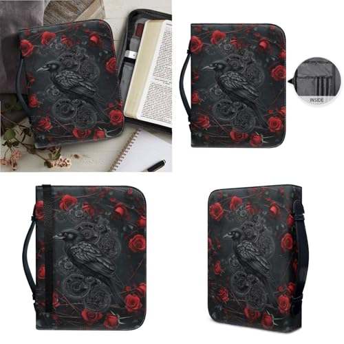 Faux Leather Bible Cover Church Bible Bag with Bookmarks Black Raven Red Rose Print Book Covers Carrying Bible Case with Zippered Pockets for Prayer Christian Study, XL - color: Black Raven Red Rose, size: X-Large