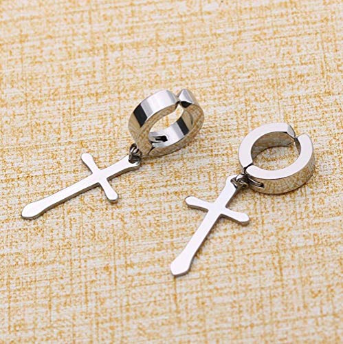 Non-pierced Earrings Set for Men Women Cross Titanium Steel Hoop Dangle Clip On Earring - style: Silver