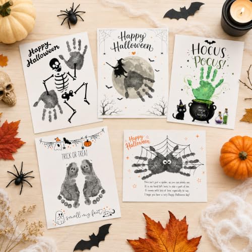 Pack of 5 DIY Halloween Handprint Craft Card, Halloween Footprint Art Cards, Toddler Preschool Handprint Keepsake, Classroom Craft Kit, Skeleton Moon Witch Designs, Gift Cards for Boys, Girls - color: HalloweenCard 02