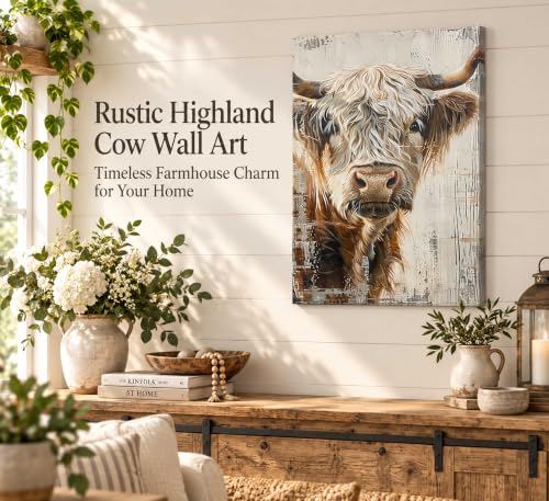 SXHANJXT Vintage Highland Cattle Canvas Wall Art - color: White Cow-Canvas, size: 24"L x 16"W
