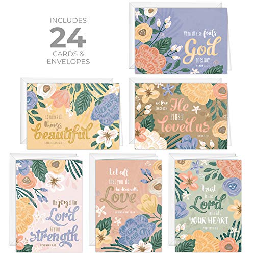 Canopy Street Floral Christian Greeting Cards / 24 Easter Baptism Note Cards With White Envelopes 3 1/2" x 4 7/8" Religious Confirmation Cards / 6 Bible Verse First Communion Pastel Flower Designs - color: Pastel Floral