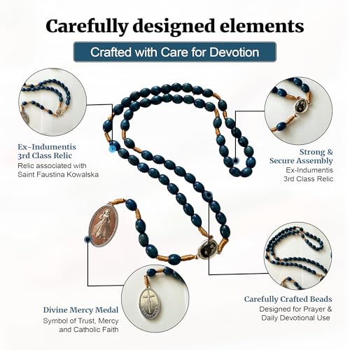 SANCTUM VERITAS Saint Faustina Kowalska True Relic Chaplet Apostle Divine of Mercy Miraculous Medal Jesus I Trust in You Chaplet Three O' Clock Prayer Poland Polish Novena - color: Blue on the Cord