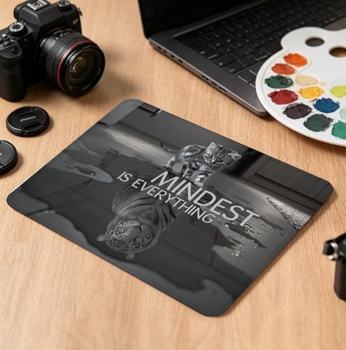 Mindset is Everything Inspirational Quote Mouse Pad, Funny Cat & Tiger Reflection Mouse Pad, Non-Slip Motivational Mat for Office, Gaming & Gifting, 10.2×8.3 Inch - color: Black Funny Inspirational-01