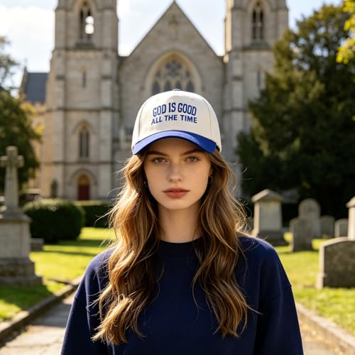 Embroidered Christian Two-Tone Baseball Cap for Men & Women, Adjustable Dad Hat Christmas Easter Gift - color: God is Good All the Time, Navy Blue/Beige