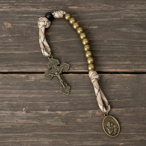 Nazareth Store Paracord Rosaries Set Alloy Beads Rugged Rosary Necklace and One Decade Rosary Strong and Heavy Corded with St.Michael, St. Joseph Pray for Us Medal with Pardon Crucifix - color: Antique Bronze St. Michael Paracord Rosary Set with One Decad