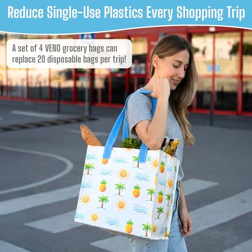 VENO 4 Pack Large Grocery Bag Reusable Shopping Bags with Hard Bottom - color: Tropical Island