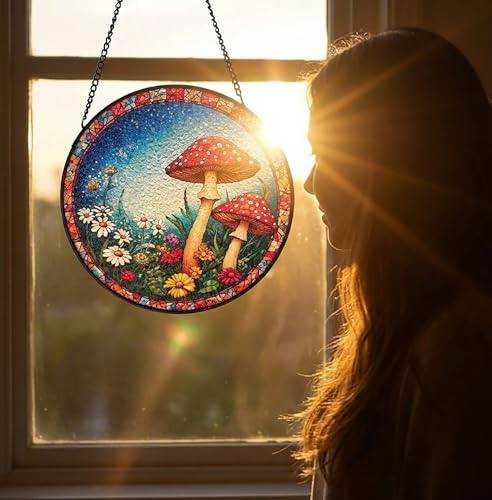 8-inch Hand-Painted Stained Glass Mushroom Suncatcher Window Decoration Bohemian-Style Window Hanging Garden-Themed Decorative Glass Suncatcher Artistic Wall Accent Unique Housewarming Gift(B1) - color: B1