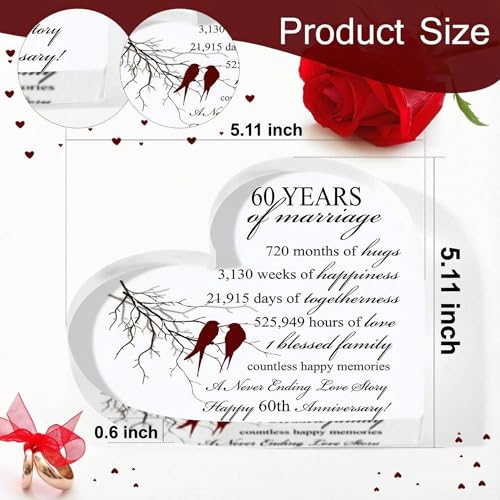 Qunclay 60th Years of Marriage Gift Wedding Anniversary Souvenir Heart Marriage Keepsake Decoration Present for Couple Parent Women Mom Husband Wife He She Friend Grandparents - style: 60th