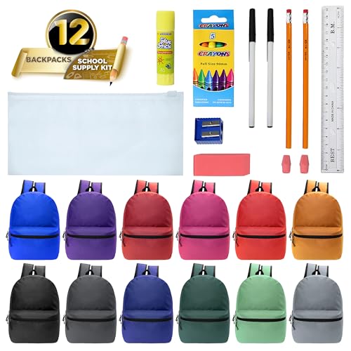 12 Pack 17" Bulk Backpacks with 16 Pc School Supplies Kits, 12 Colors - color: 12 Colors Asst, size: 16 Piece SS Kit