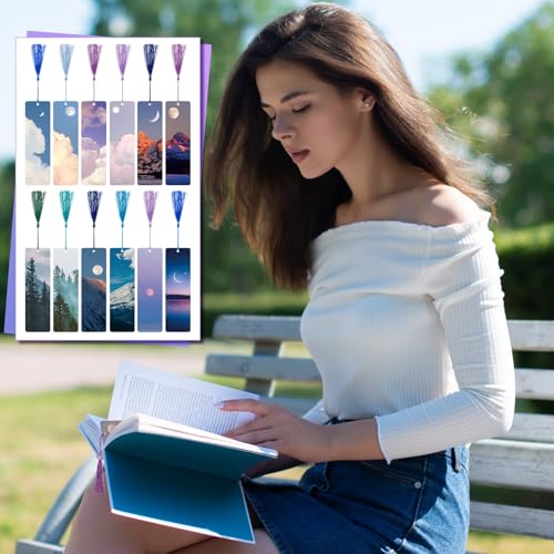Outus 12 Pack Nature Landscape Bookmarks with Tassels, Aesthetic Scenery Page Markers, Sky Mountain Book Markers, Back to School Book Accessories Gift for Students Reading Gifts Classroom Favors - style: Landscape