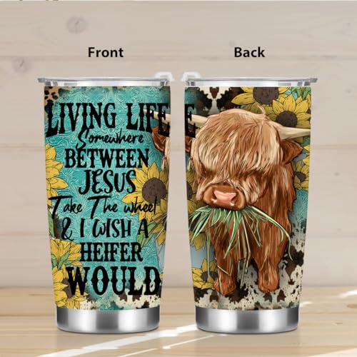 Cow Print Stuff Tumbler, Inspirational Western Decor Sunflower Gifts for Women Men Friends Cow Lovers Birthday Christmas, Christian Coffee Mug Stainless Steel Vacuum Insulated Travel Cup with Lid 20oz - color: Cow 1157