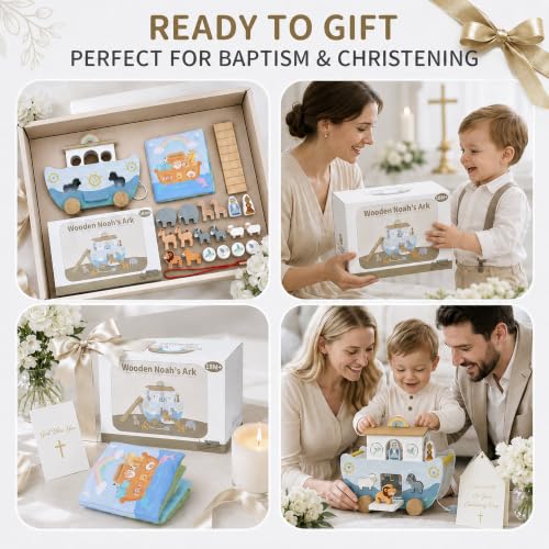 Wooden Noah’s Ark Toy with Book, Baptism Gifts for Boys and Girls