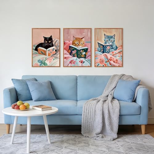 HPNIUB Framed Vintage Black Cats Canvas Wall Art, Funny Animal Reading Books Poster Printing Pictures, Pink Cute Cat Lovers Wall Decor for Girls Room Bedroom Living Room(Set of 3,12X16 Inch) - color: Reading Cat Wall Art