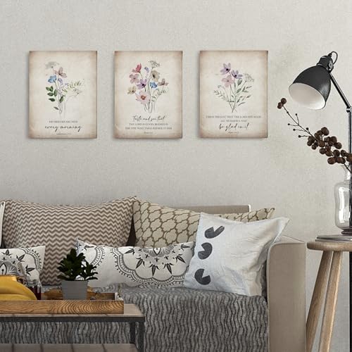PHAMTE Vintage Christian Wildflower Spring Wall Art Decor Canvas Set of 3, Bible Verse Scripture Pictures Wall Decor for Church Prayer Living Room Home, Rustic Floral Framed Artwork for Walls 11x14in - color: vintage-C, size: 14"L x 11"W