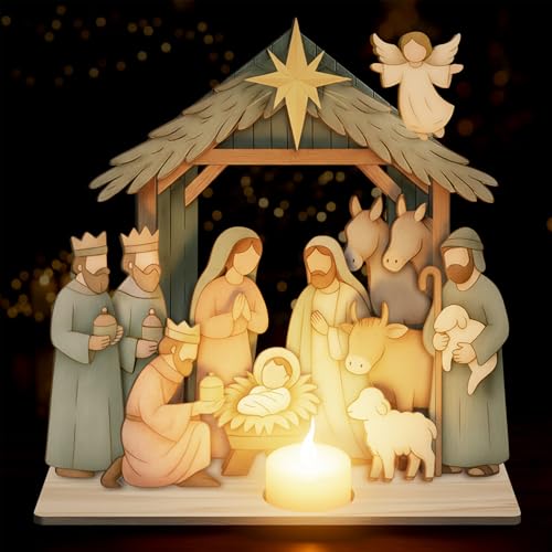 Wooden Nativity Set, Wood Christmas Nativity Scene Set - color: Pastel