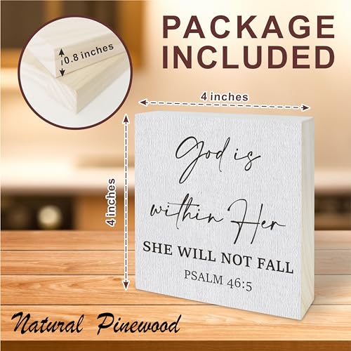 4"X4" Wooden Block Sign - God Is Within Her She Will Not Fall Psalm 46:5 - Pine Wood Plaque, Home & Farmhouse Desk Decor, Tabletop Ornament, Shelf Supplies, Decorative Religious Gift - A02