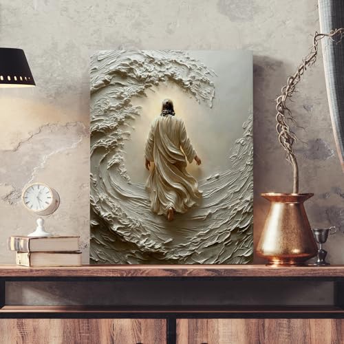 Voxitura Christian Jesus Walking on Water Wall Art Canvas, Vintage Scripture Lord Wall Decor Gift for Living Prayer Room, Rustic Paintings Pictures Prints Framed for Home 12x15in