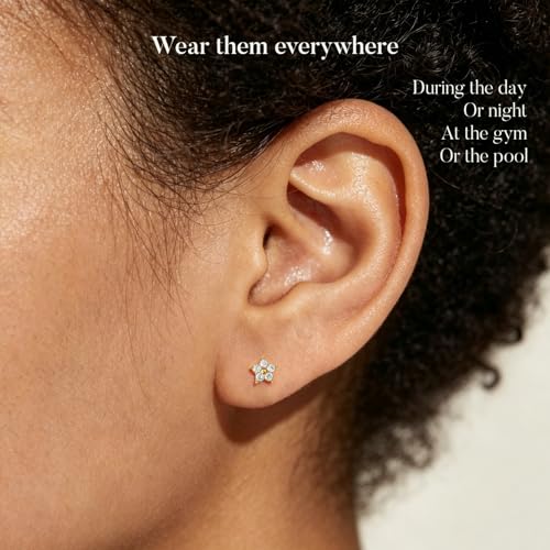 Small Moissanite Stud Earrings for Women, Stainless Steel Screw-Back Plated in 18K Yellow Gold D VSS 1, Jewelry Gifts, 2 x 3mm stones and 0.1-0.72ct/pair - color: Gold Flower