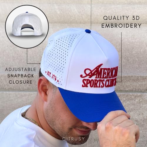 CITRUSY Athletic Trucker Golf Hat | Performance Mens 5 Panel Cap | Cool Breathable Waterproof Workout Running Snapback - color: American Sports Club | Blue