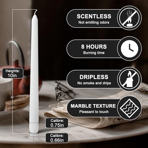 4 Pack White Taper Candles丨Taper Candles 10 Inch Dripless丨Unscented & Smokeless Candlesticks Bulk丨7-8 Hours Long Burning Tall Candles丨Ideal for Christmas Weddings Parties Dinner - color: White, size: 4 Pack Taper Candle