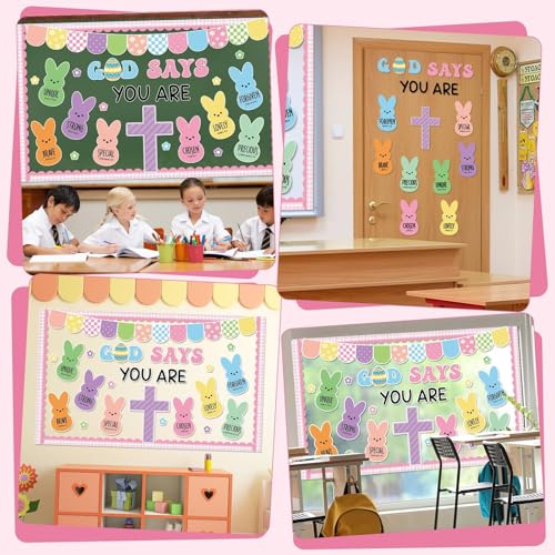 Easter Christian Bulletin Board Decorations God Says You are Religious Classroom Paper Cutouts Inspirational Cross Bunny Decor for Sunday School Church Classroom Chalkboard Wall Decor Teacher Supplies - style: God says you are