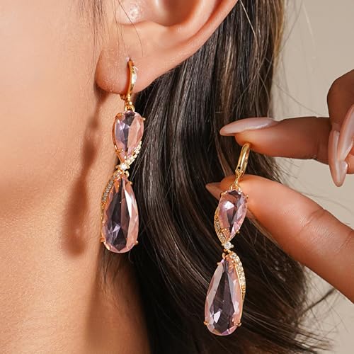 18K Gold Plated, Dangle Earrings for Women, Flower/Heart Drop earrings, Hypoallergenic Cubic Zirconia Earrings, Lightweight, Party, gold earrings, Jewelry for Gifts, Fashion - style: 7507-Pink
