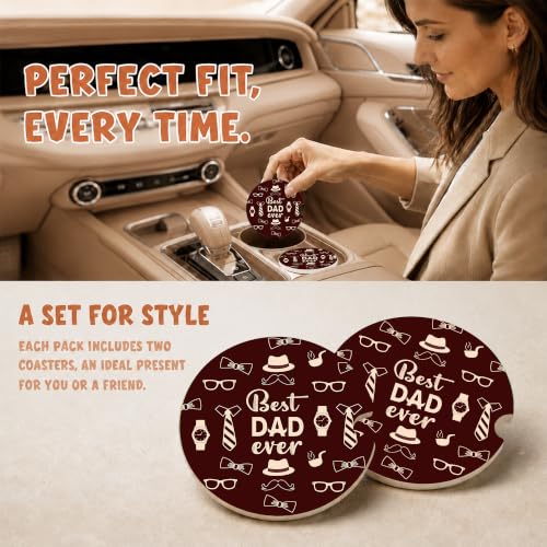 Best Dad Ever Car Coasters, Brown Retro Gentleman Cup Holders, 38 - color: Best Dad Ever