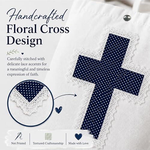 Christian Tote Bag Gift for Women, Canvas Bible Bag Handmade Floral Cross - color: White-navy Polka Dot