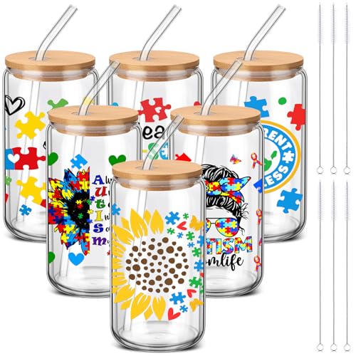 SiliFine Autism Teacher Appreciation Gifts, 6 Pcs Glass Cups with Lids - style: Autism