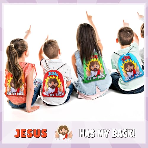 24 Pcs Christian Gift Bags Bulk Religious Drawstring Bags, Jesus Has My Back Backpacks for Sunday School, Bible Drawstring Backpack Graduation Church Camp Party Favors - style: Religious