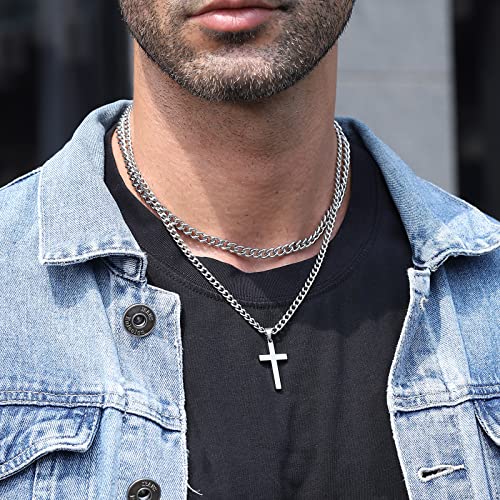 Zocomi Cross Necklace for Men Boys, Stainless Steel Layered Cuban Link Herringbone Chain Cross Pendant Christian Fashion Jewelry Gifts 16-24 Inches - color: Silver, size: 18inch/20inch, style: Cuban+Cuban
