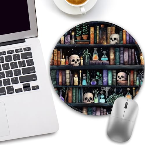 Funny Work Mouse Pad, Small Round Mousepad for Desk, Laptop - color: Bookshelf and Skull