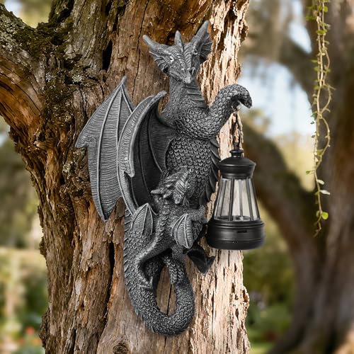 Solar Dragon Decor Tree Hugger Statue | Outdoor Garden Statue with LED Light for Yard, Patio, Balcony | Fantasy Dragon Figurine for Trees, Walls, Fences | Unique Gift for Women, Men & Mom - size: Dragon Hugger