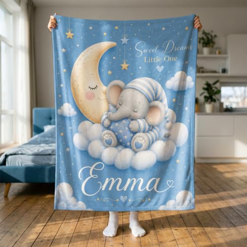 Personalized Baby Blanket With Name, Custom Baby Blankets Gift for Boy Girl - color: Cloud Blue, size: Elephant