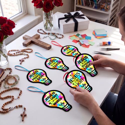 48PCS Sunday School VBS Crafts Bulk: Paper Lightbulb Cross Nativity Suncatchers, Religious Christian Activity DIY Kits Church Decorations, Window Stained Glass Effect Art Supplies(Jesus Style) - style: colorful bulb cross