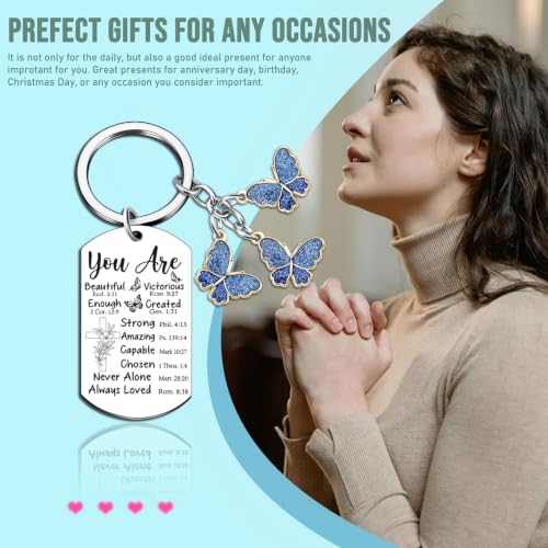 Christian Keychain for Women Bible Verse Gift Inspirational Butterfly Charm - color: Silver