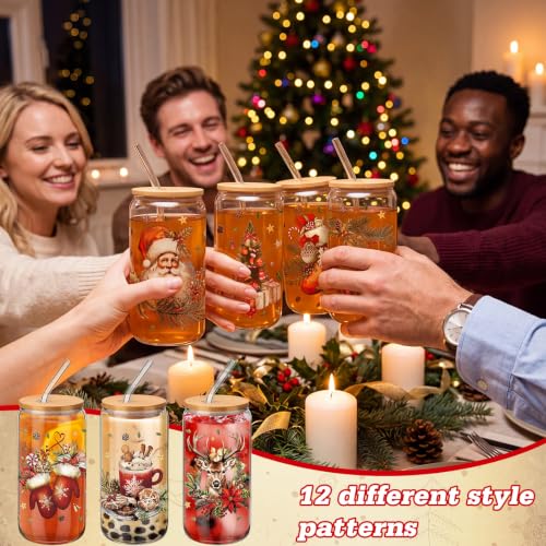 Teenyyou 12 Sets of Christmas Glasses Cups with Bamboo Lid and Glass Straw 16 oz Vintage Christmas Glass Jar Winter Drinking Cups Santa Snowman Elk Coffee Cup for Women Men Xmas Holiday Party Gifts - style: Retro Christmas