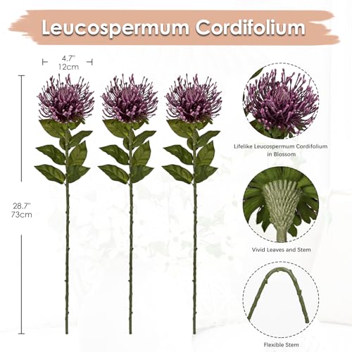 Hollyone 3Pcs Purple Artificial Mums for Outdoors Flowers Fake Mums Spider Mum Flower 28.3'' Long Stem Faux Chrysanthemum Flower Arrangement Pincushion Bouquet Decorations for Home Decor - color: Purple
